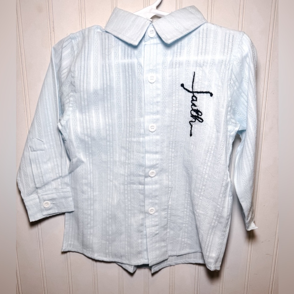 NWT Brynn + Bradley Boy’s “Faith” Hand Embroidered Linen Button Down Shirt